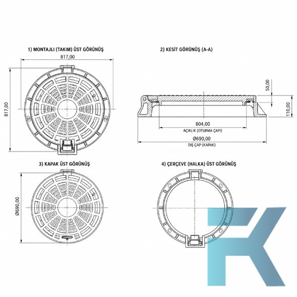 FK-600-MYA-A15 Kompozit Yuvarlak Rögar Kapağı Takımı Menteşeli Ø600 mm | A15